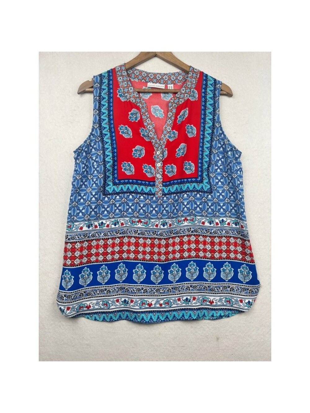 Susan Graver Sleeveless Blouse Womens MP Mixedâ Print Henley Boho Eclectic